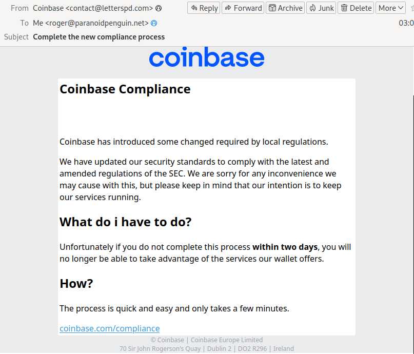 Fake Coinbase compliance message