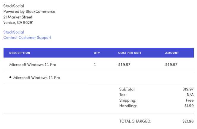 The receipt from StackSocial after buying Windows 11 Pro for 20 dollars